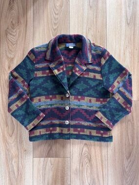 VTG Willow Ridge Southwestern Wool Blend Aztec Sweater Cardigan Jacket USA Sz 10
